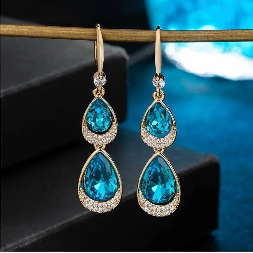 14K Yellow Gold with Bermuda Blue Austrian Crystal Double Teardrop Hook Earrings